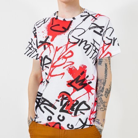 Biało - czerwona bawełniana koszulka męska z napisami - Odzież