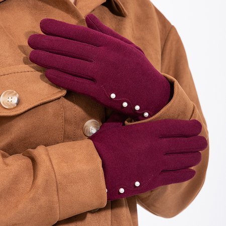 Bordowe damskie rękawiczki z perełkami - Akcesoria