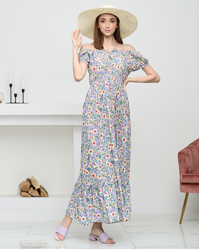 Długa letnia zielona sukienka damska w fioletowe kwiaty- Odzież