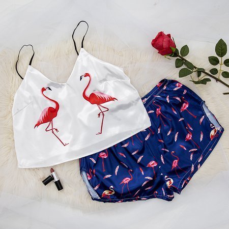 Kobaltowa damska piżama z flamingami - Odzież