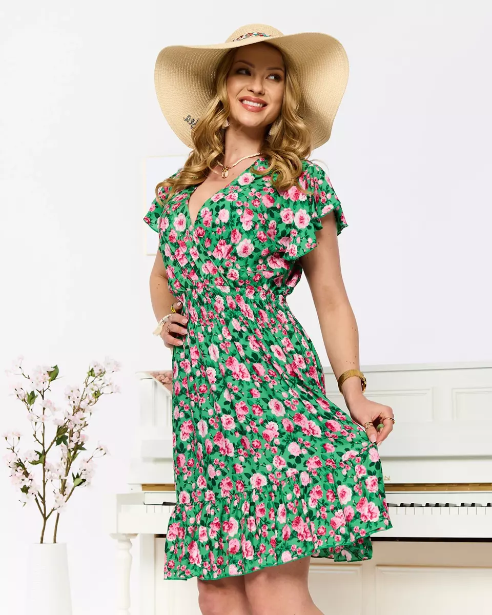 Royalfashion Zielono- różowa krótka damska sukienka  z printem 