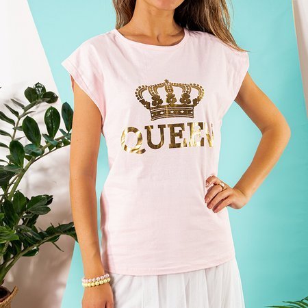 Różowa damska koszulka bawełniana z printem - Odzież