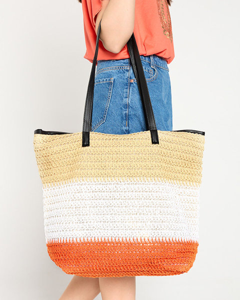 Beżowo biała słomiana torebka plażowa damska z pomarańczowym dnem - Akcesoria