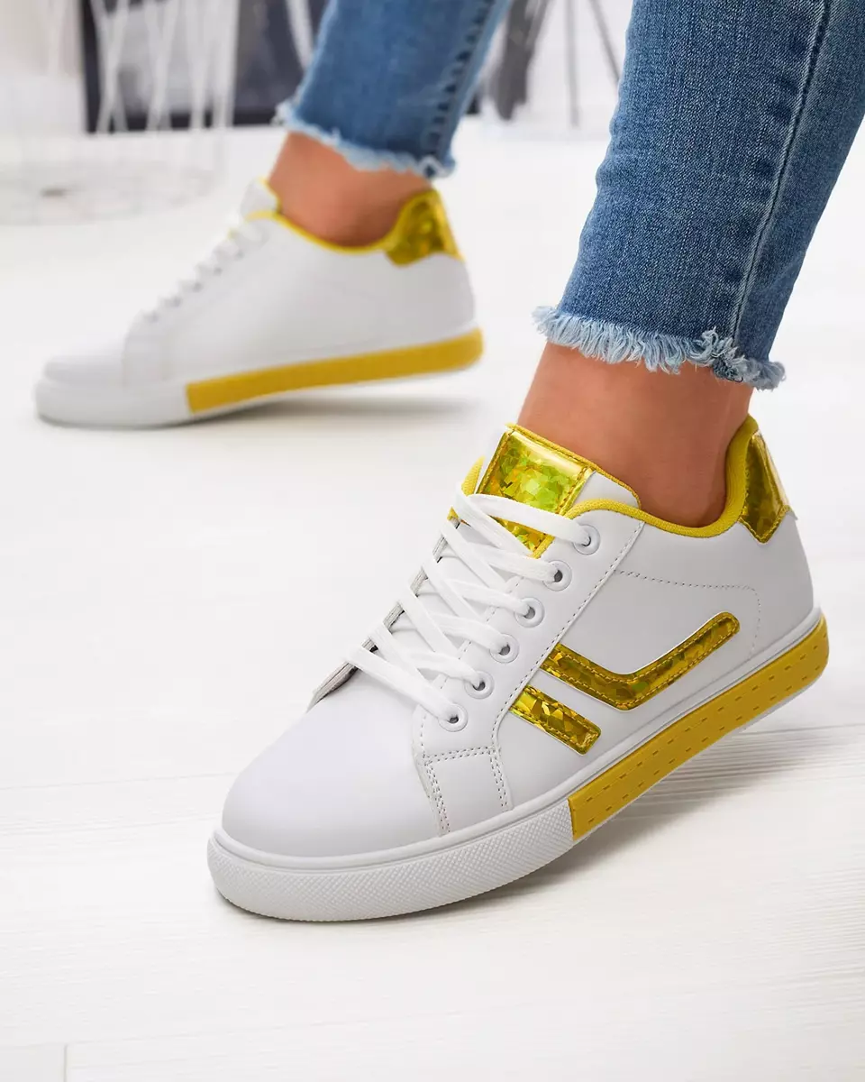 Białe sportowe buty damskie z żółtymi holograficznymi wstawkami Bielga- Obuwie