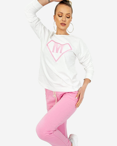 Biało- różowy damski sportowy komplet dresowy z naszywką - Odzież