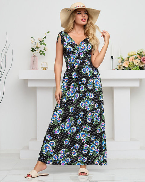 Czarna damska sukienka maxi w niebieskie kwiaty- Odzież
