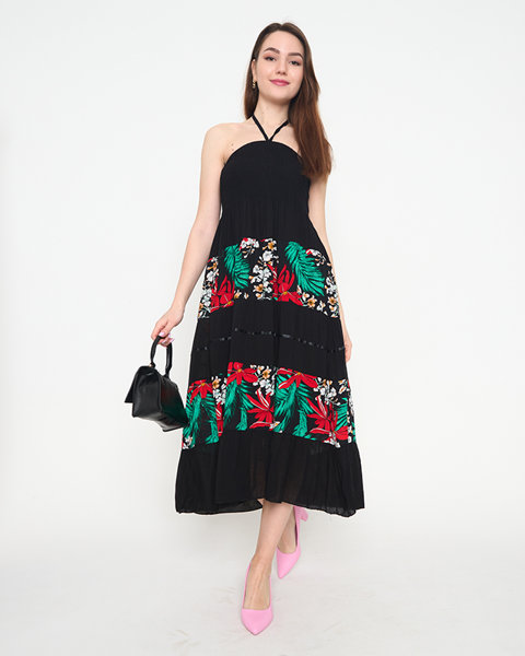 Czarna damska sukienka midi w kwiaty PLUS SIZE - Odzież