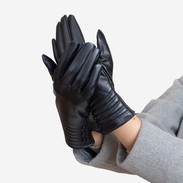 Czarne klasyczne damskie rękawiczki zdobione guzikami - Akcesoria