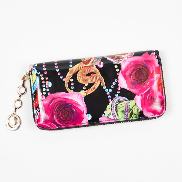 Czarny damski duży portfel w różowe kwiaty - Akcesoria