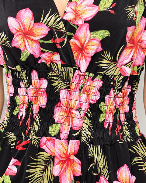 Czarny damski krótki kombinezon w hawajski wzór- Odzież