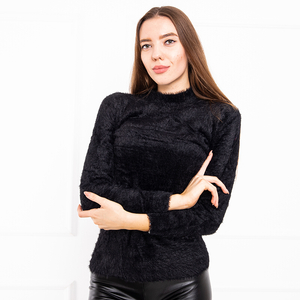 Czarny futerkowy sweterek damski ze stójką - Odzież