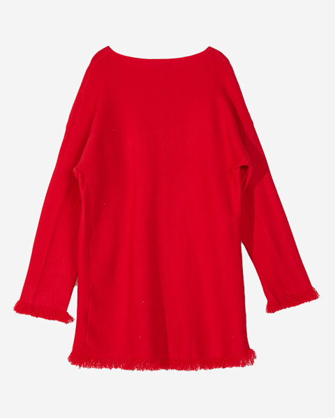 Czerwona damska tunika swetrowa z frędzelkami- Odzież