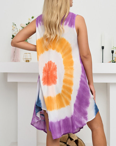 Fioletowa damska narzutka plażowa typu sukienka z kolorowym printem - Odzież