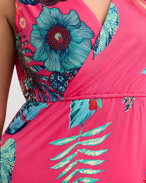 Fuksjowa damska sukienka w kolorowe kwiaty - Odzież