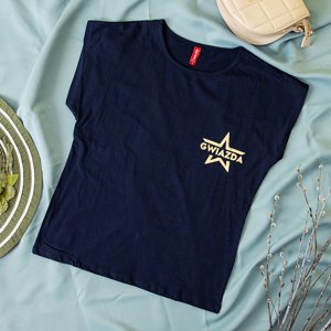 Granatowy damski t-shirt ze złotą gwiazdką i napisem - Odzież