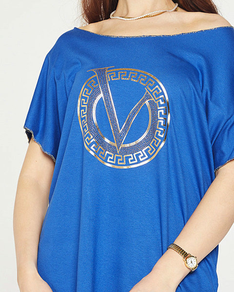 Niebieska damska bluzka z printem i cyrkoniami - Odzież