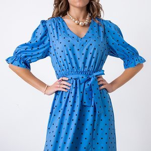 Niebieska damska długa sukienka w groszki - Odzież