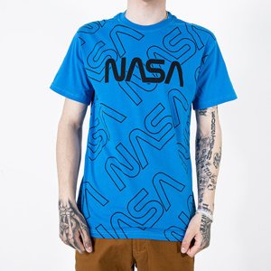 Niebieska męska koszulka w napisy - Odzież