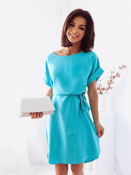 Niebieska sukienka letnia z wiązaniem i krótkimi rękawami - Odzież