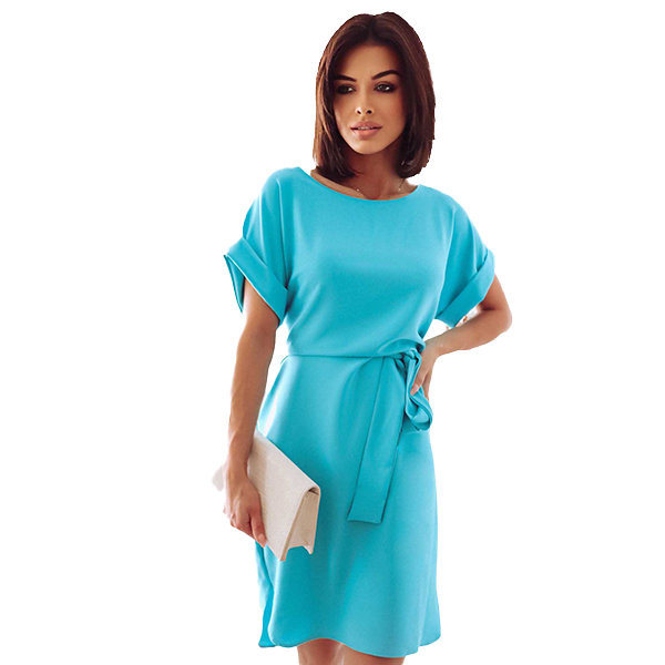 Niebieska sukienka letnia z wiązaniem i krótkimi rękawami - Odzież