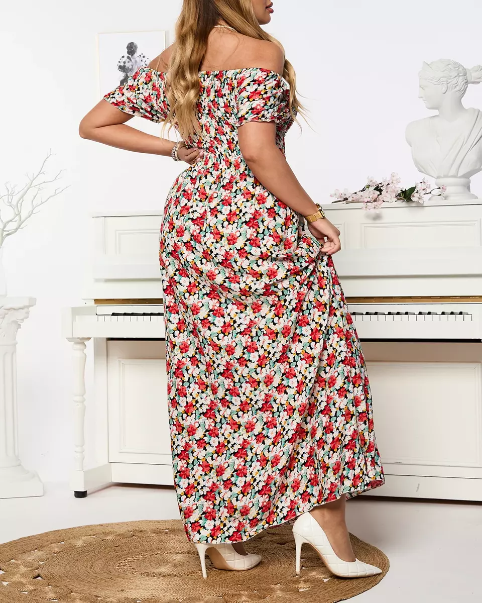 Royalfashion Czerwono- czarna sukienka damska maxi z printem w kwiaty