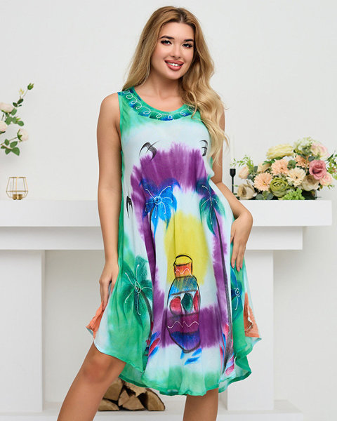 Zielona damska narzutka plażowa typu sukienka z kolorowym printem - Odzież