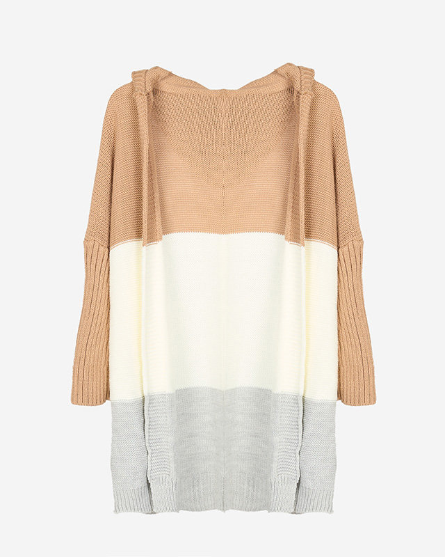 Довгий жіночий светр-накидка коричнево-кремово-сірого кольорів