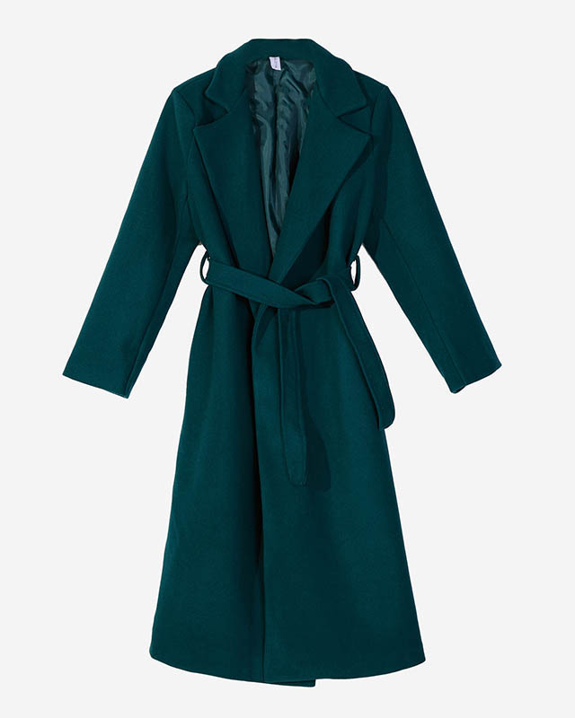 Темно-зелене довге жіноче пальто з поясом - Одяг
