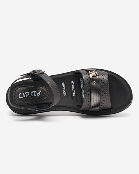 OUTLET Блискучі чорні жіночі сандалі на плоскому ходу Nafi- Footwear