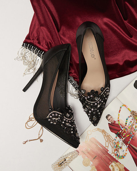 OUTLET Чорні жіночі туфлі-човники на шпильці з сіткою і цирконами Heiflo- Footwear