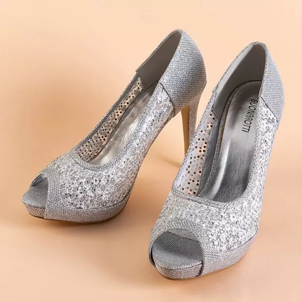 OUTLET Срібні парчані жіночі високі підбори з фіанітом Andesa - Взуття