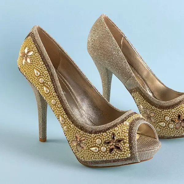 OUTLET Золоті жіночі парчані туфлі з цирконами та перлинами Gitana - взуття