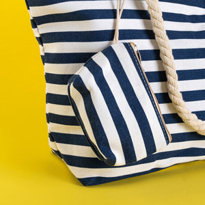 Темно-синя пляжна сумка в білу смужку з косметичкою