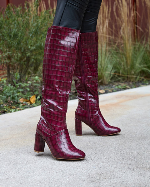 Жіночі чоботи на шпильці з тисненням бордового кольору Mastiu- Взуття